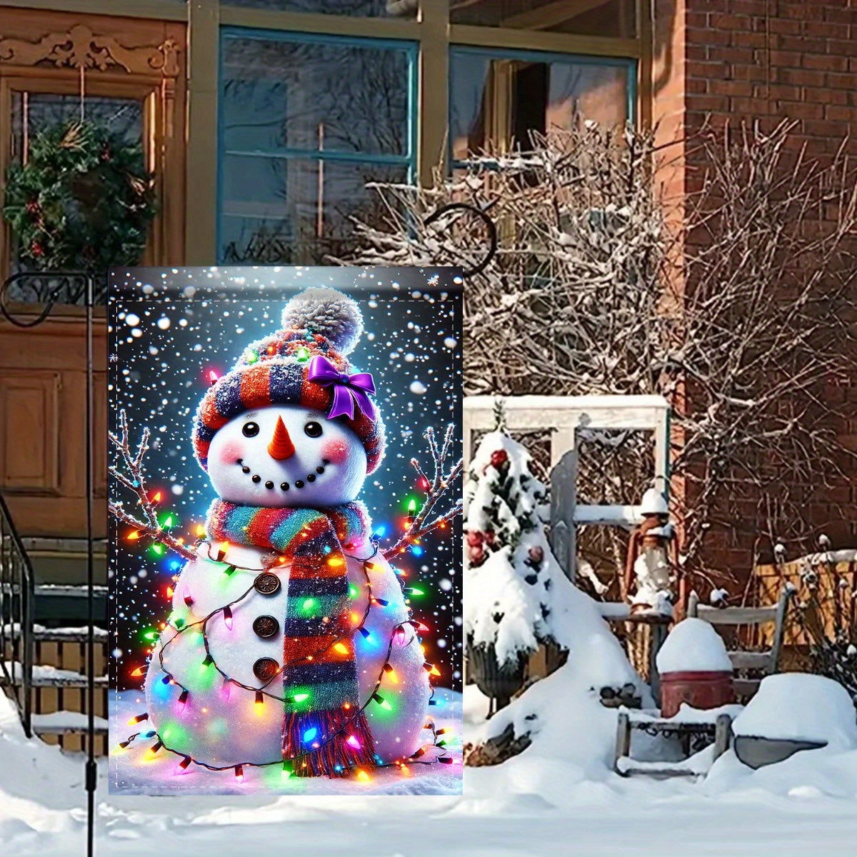 Charming Snowman with Christmas Lights Garden Flag - Double-Sided Polyester, 12x18 Inch - Perfect for Patio & Lawn Holiday Decor, No Pole Included, Snowman Decor, Party Decor