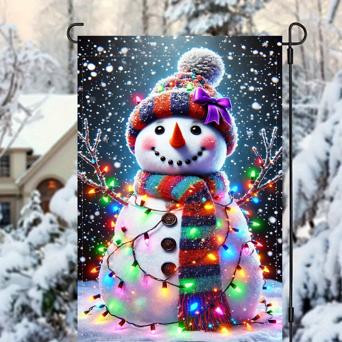 Charming Snowman with Christmas Lights Garden Flag - Double-Sided Polyester, 12x18 Inch - Perfect for Patio & Lawn Holiday Decor, No Pole Included, Snowman Decor, Party Decor