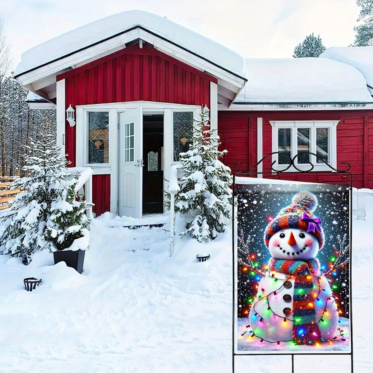 Charming Snowman with Christmas Lights Garden Flag - Double-Sided Polyester, 12x18 Inch - Perfect for Patio & Lawn Holiday Decor, No Pole Included, Snowman Decor, Party Decor