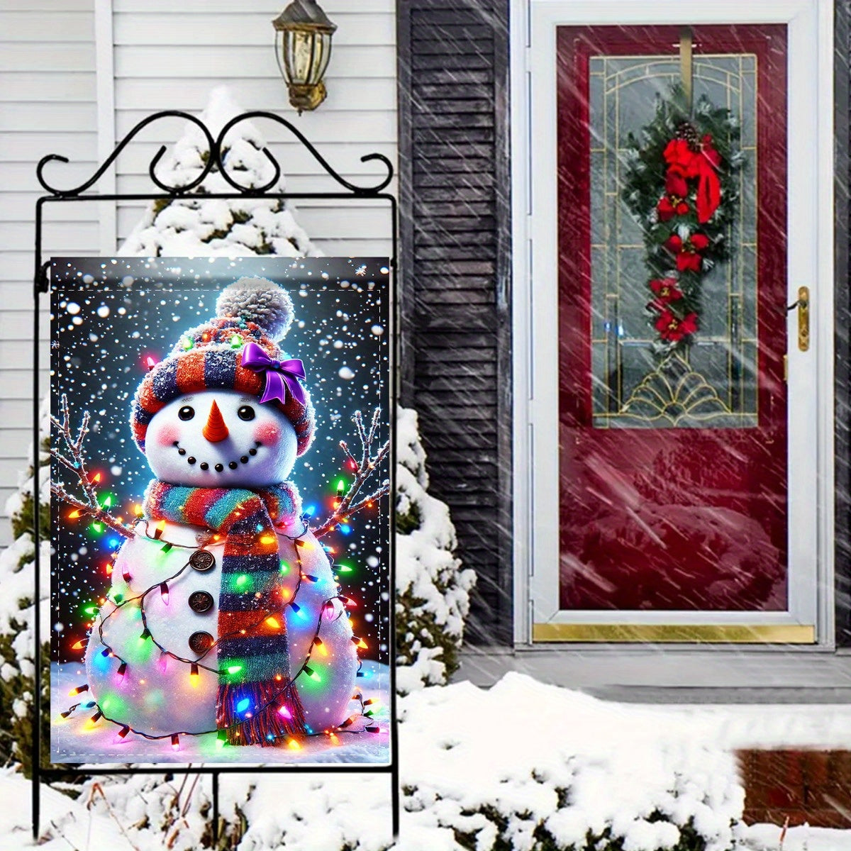 Charming Snowman with Christmas Lights Garden Flag - Double-Sided Polyester, 12x18 Inch - Perfect for Patio & Lawn Holiday Decor, No Pole Included, Snowman Decor, Party Decor