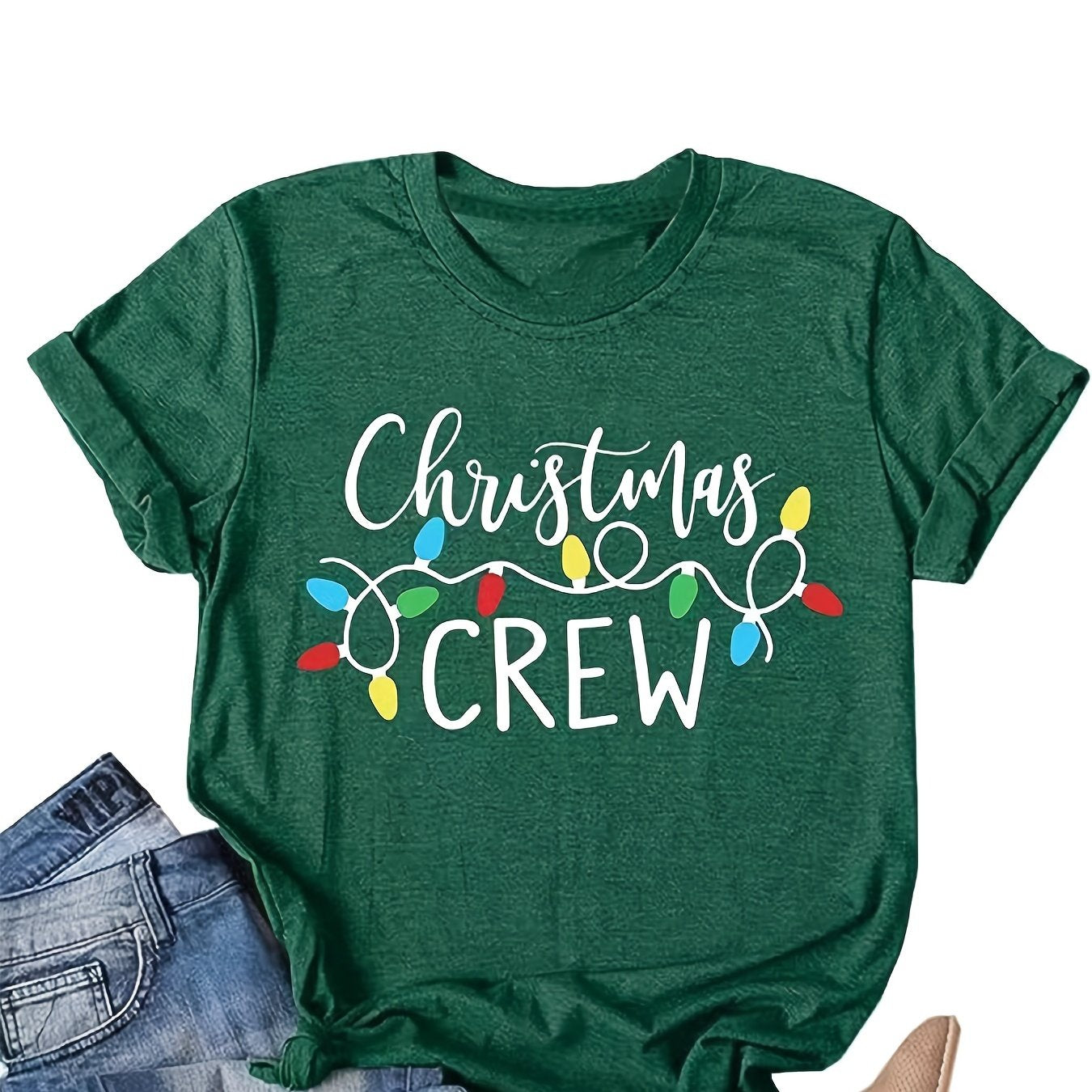 Christmas Lights & Letter Print Tee, Casual Short Sleeve Crew Neck T-shirt, Women's Clothing