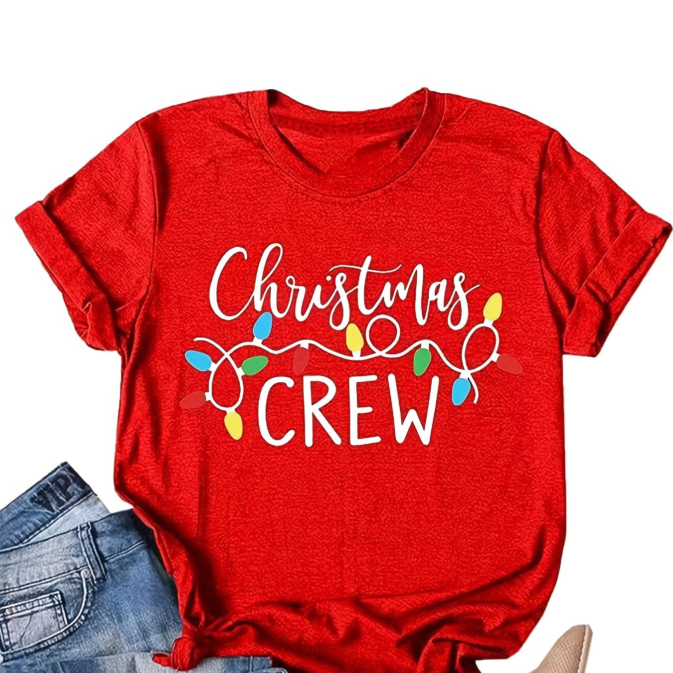 Christmas Lights & Letter Print Tee, Casual Short Sleeve Crew Neck T-shirt, Women's Clothing
