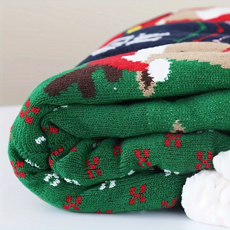 2pcs Cozy Fleece Christmas Socks for Women - Mid-Calf, Reindeer & Santa Hat Designs, Thick Winter Warmth, Perfect Holiday Gift