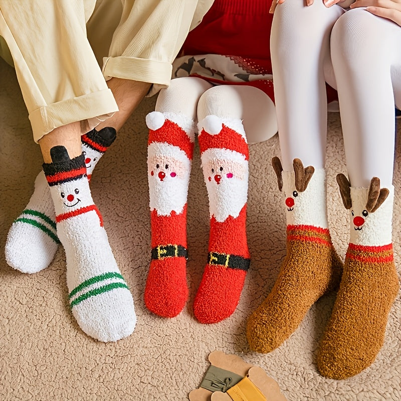 3 Pairs Cozy Christmas Socks for Women - Warm Mid-Calf Santa & Reindeer Design, Soft Plush Material, Perfect for Winter Holidays, Red & White Festive Patterns, Hand Wash or Dry Clean, Cozy Legwear | Holiday Comfort Socks | Wa