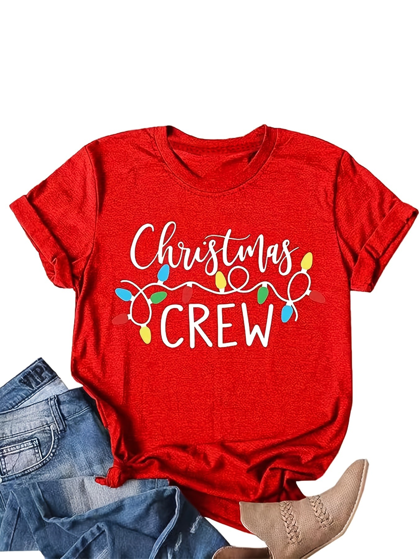 Christmas Lights & Letter Print Tee, Casual Short Sleeve Crew Neck T-shirt, Women's Clothing