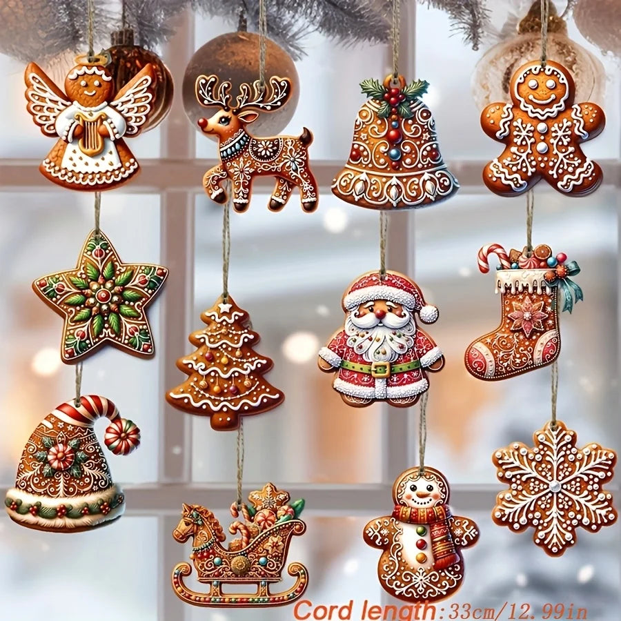 12/24/36pcs Handmade Wooden Christmas Ornament Set with Gingerbread and Santa Claus Patterns, Suitable for Holiday Gift Box