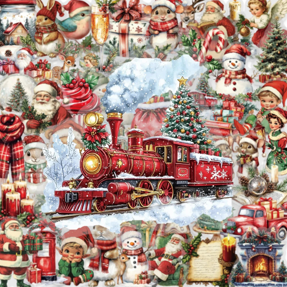 50PCS Celebrating Christmas Cartoon Art PET Stickers Creative Personality Retro Fun Snowman Christmas Tree Crystal Ball Gift Box