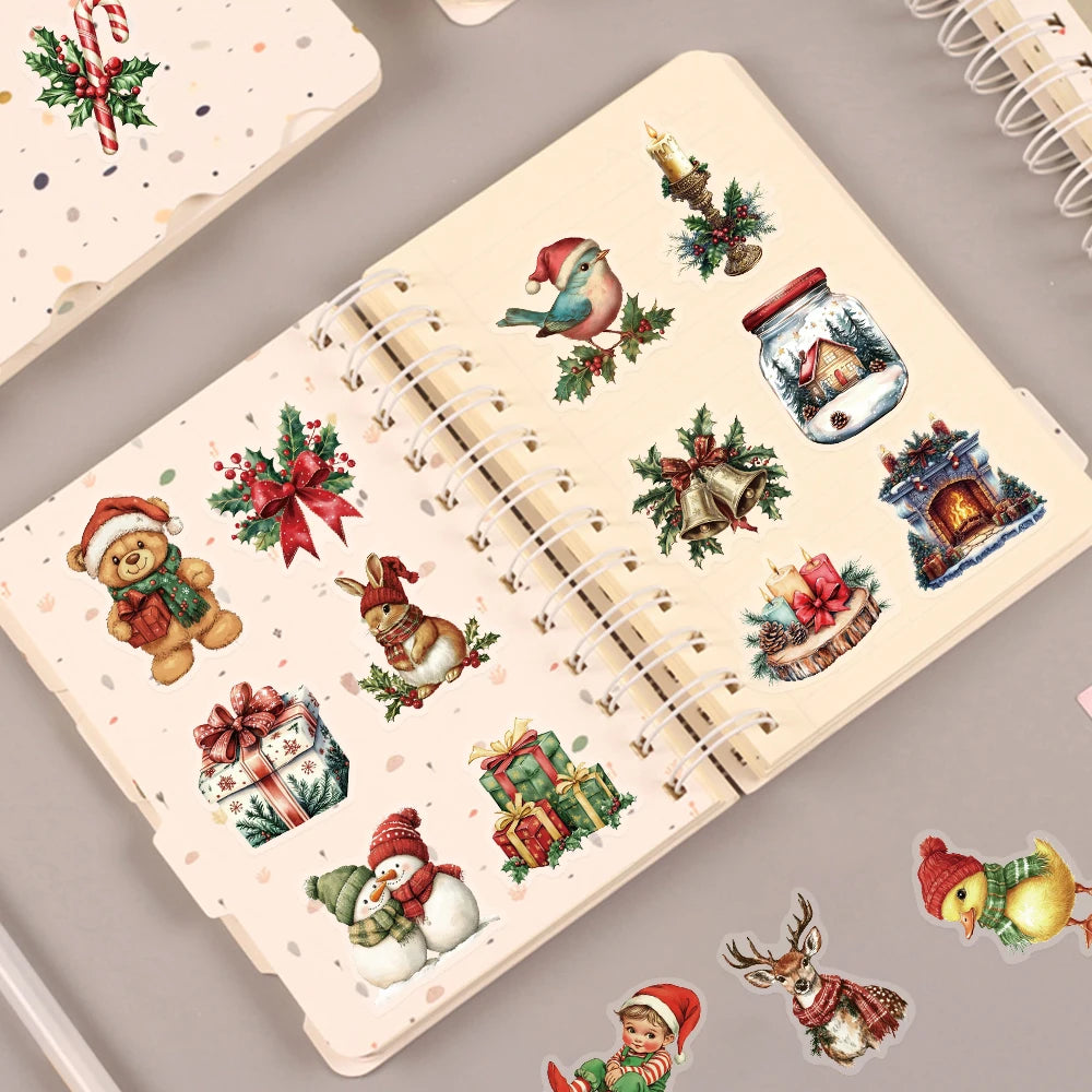 50PCS Celebrating Christmas Cartoon Art PET Stickers Creative Personality Retro Fun Snowman Christmas Tree Crystal Ball Gift Box