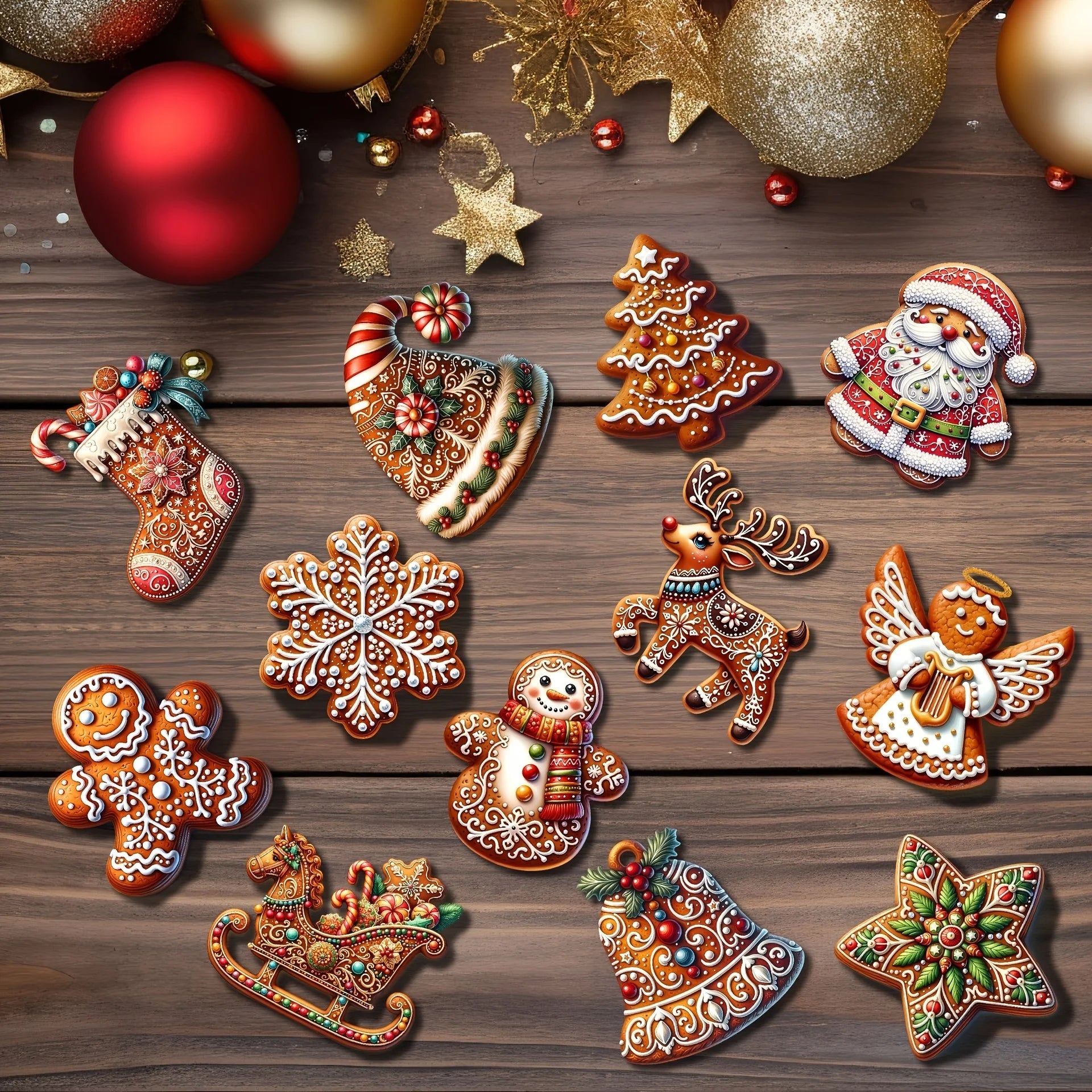 12/24/36pcs Handmade Wooden Christmas Ornament Set with Gingerbread and Santa Claus Patterns, Suitable for Holiday Gift Box