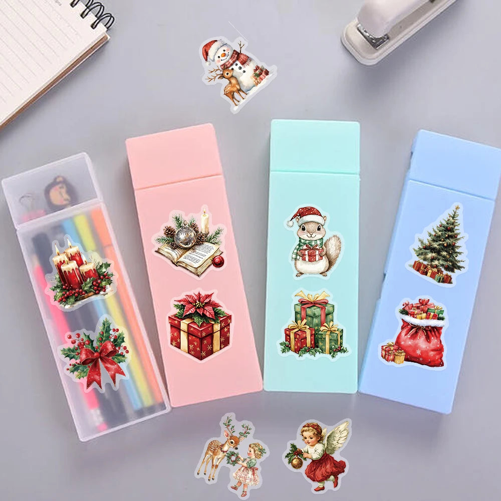 50PCS Celebrating Christmas Cartoon Art PET Stickers Creative Personality Retro Fun Snowman Christmas Tree Crystal Ball Gift Box