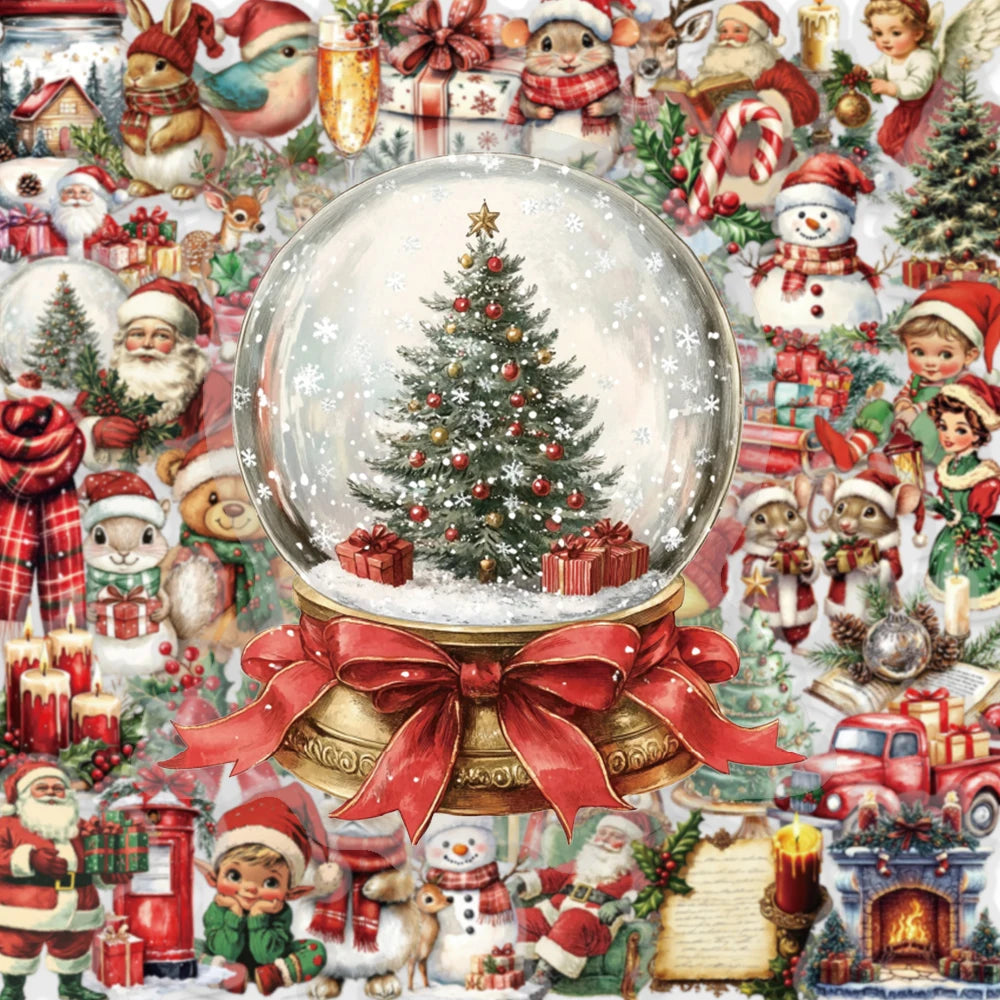 50PCS Celebrating Christmas Cartoon Art PET Stickers Creative Personality Retro Fun Snowman Christmas Tree Crystal Ball Gift Box