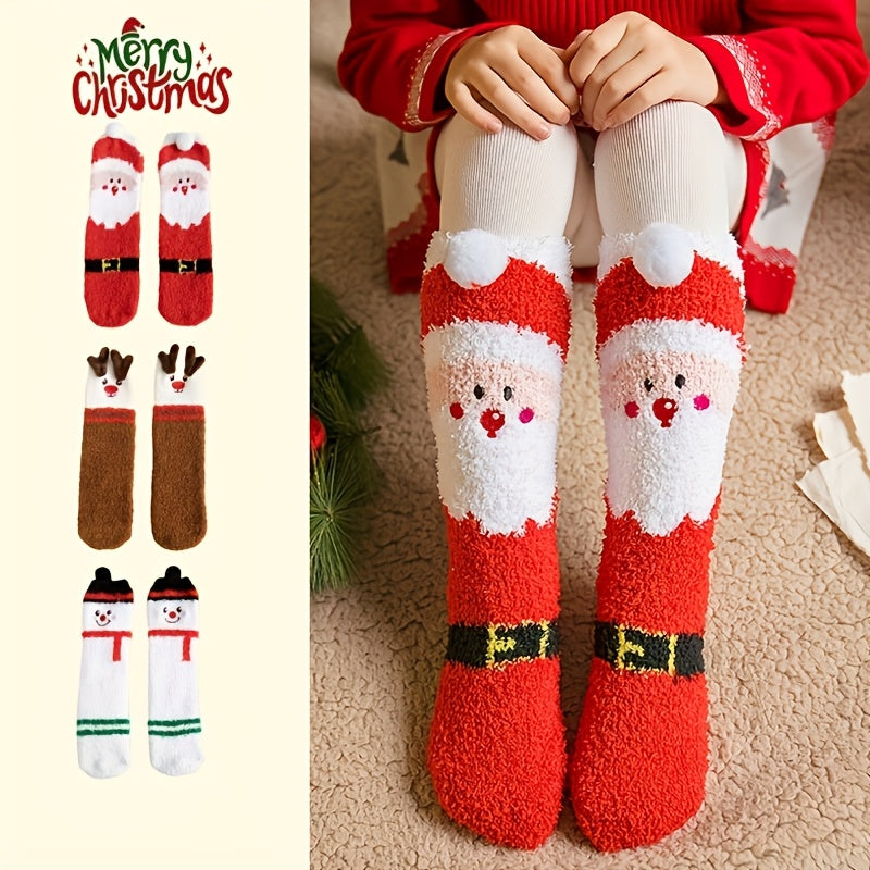 3 Pairs Cozy Christmas Socks for Women - Warm Mid-Calf Santa & Reindeer Design, Soft Plush Material, Perfect for Winter Holidays, Red & White Festive Patterns, Hand Wash or Dry Clean, Cozy Legwear | Holiday Comfort Socks | Wa