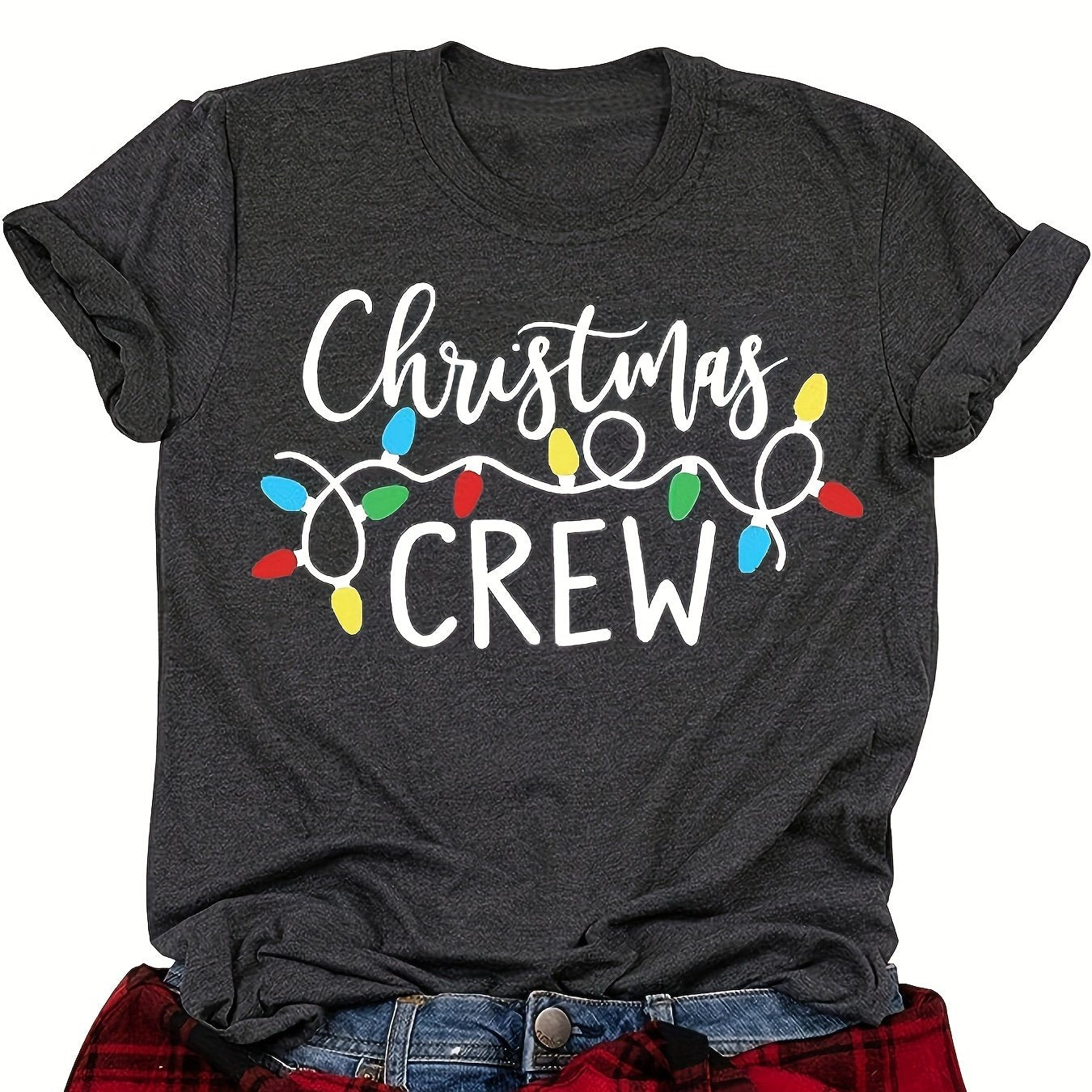 Christmas Lights & Letter Print Tee, Casual Short Sleeve Crew Neck T-shirt, Women's Clothing