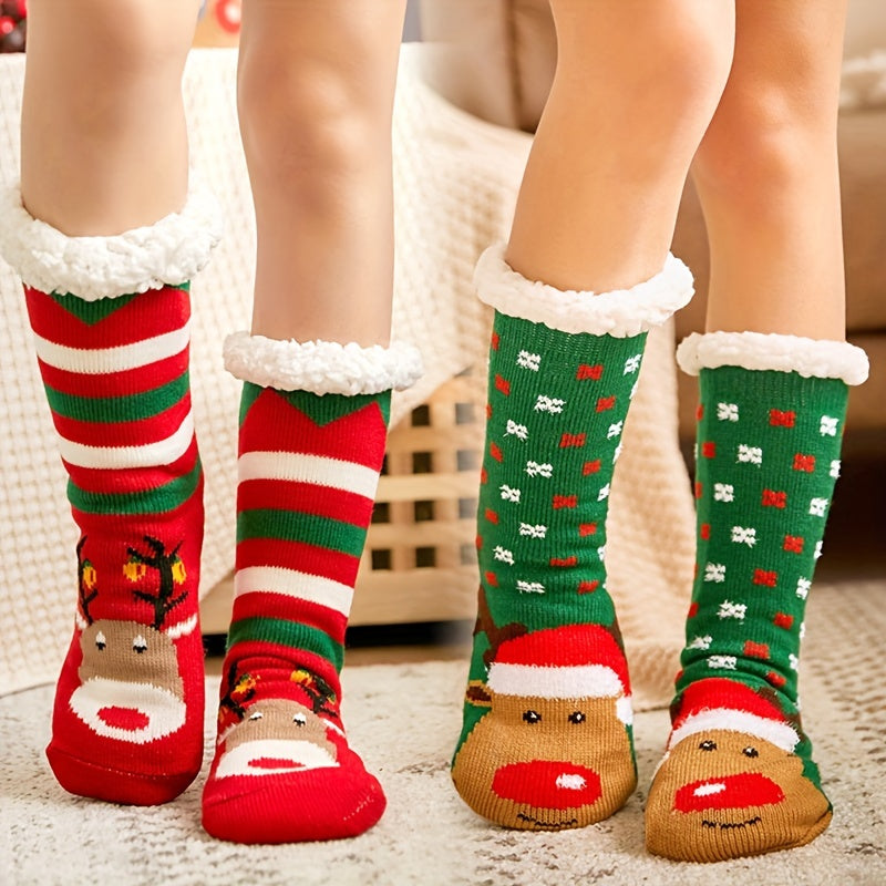 2pcs Cozy Fleece Christmas Socks for Women - Mid-Calf, Reindeer & Santa Hat Designs, Thick Winter Warmth, Perfect Holiday Gift