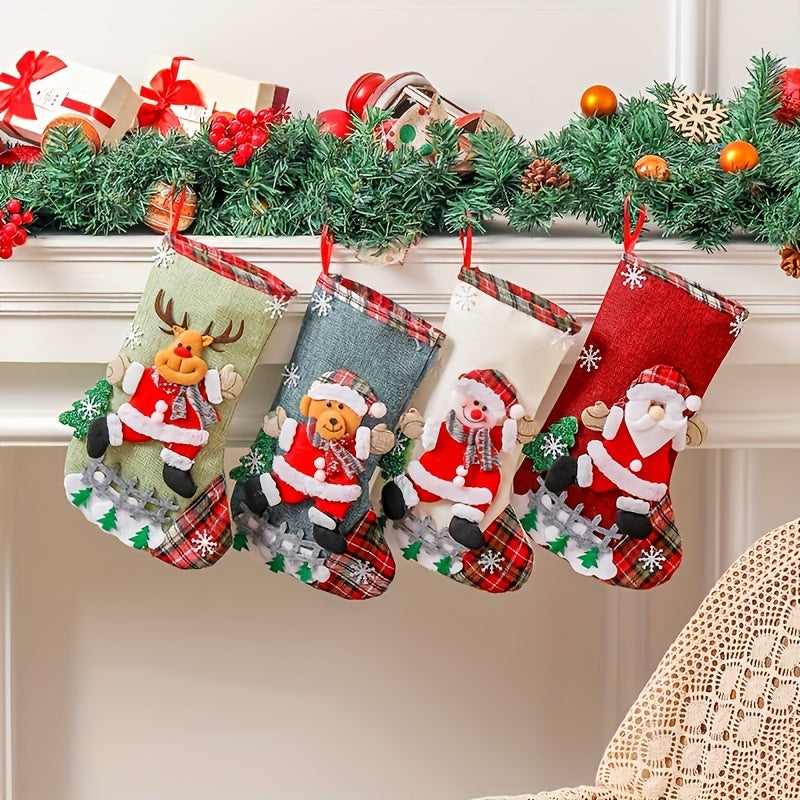 4pcs/ set 12 Inch Christmas Socks Classic Medium Socks Santa, Snowman, Reindeer Christmas Figures, For Family Holiday Christmas Party Decoration, Holiday Decoration, Home Decoration, Corridor Decoration, Office Decoration, Ya