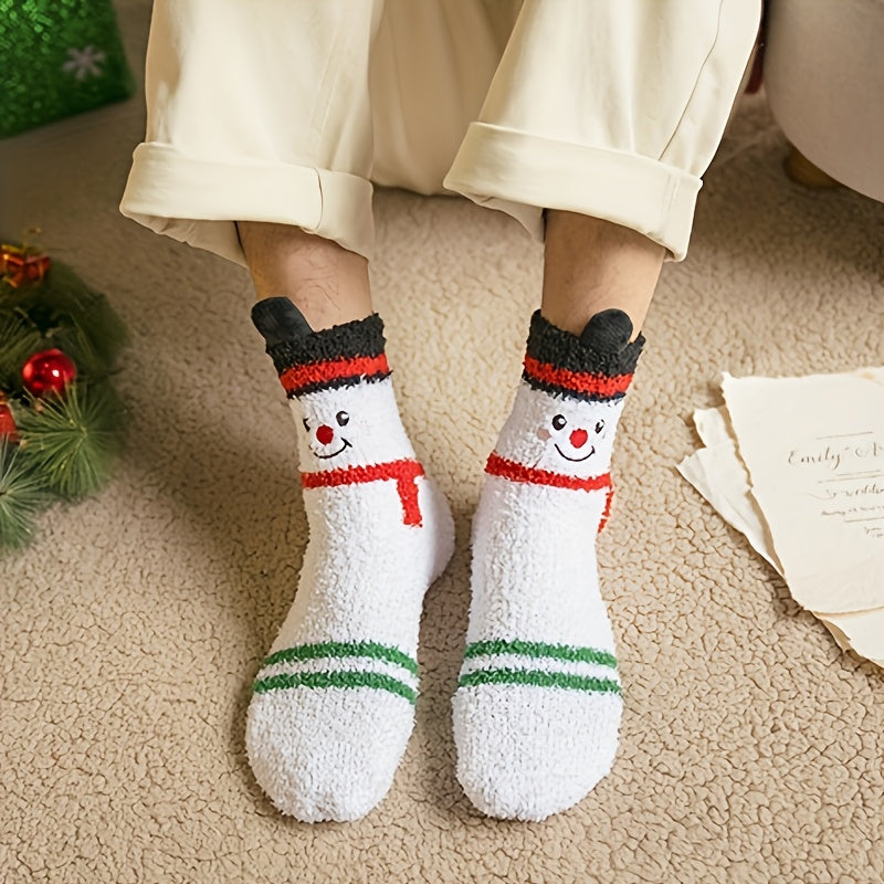 3 Pairs Cozy Christmas Socks for Women - Warm Mid-Calf Santa & Reindeer Design, Soft Plush Material, Perfect for Winter Holidays, Red & White Festive Patterns, Hand Wash or Dry Clean, Cozy Legwear | Holiday Comfort Socks | Wa