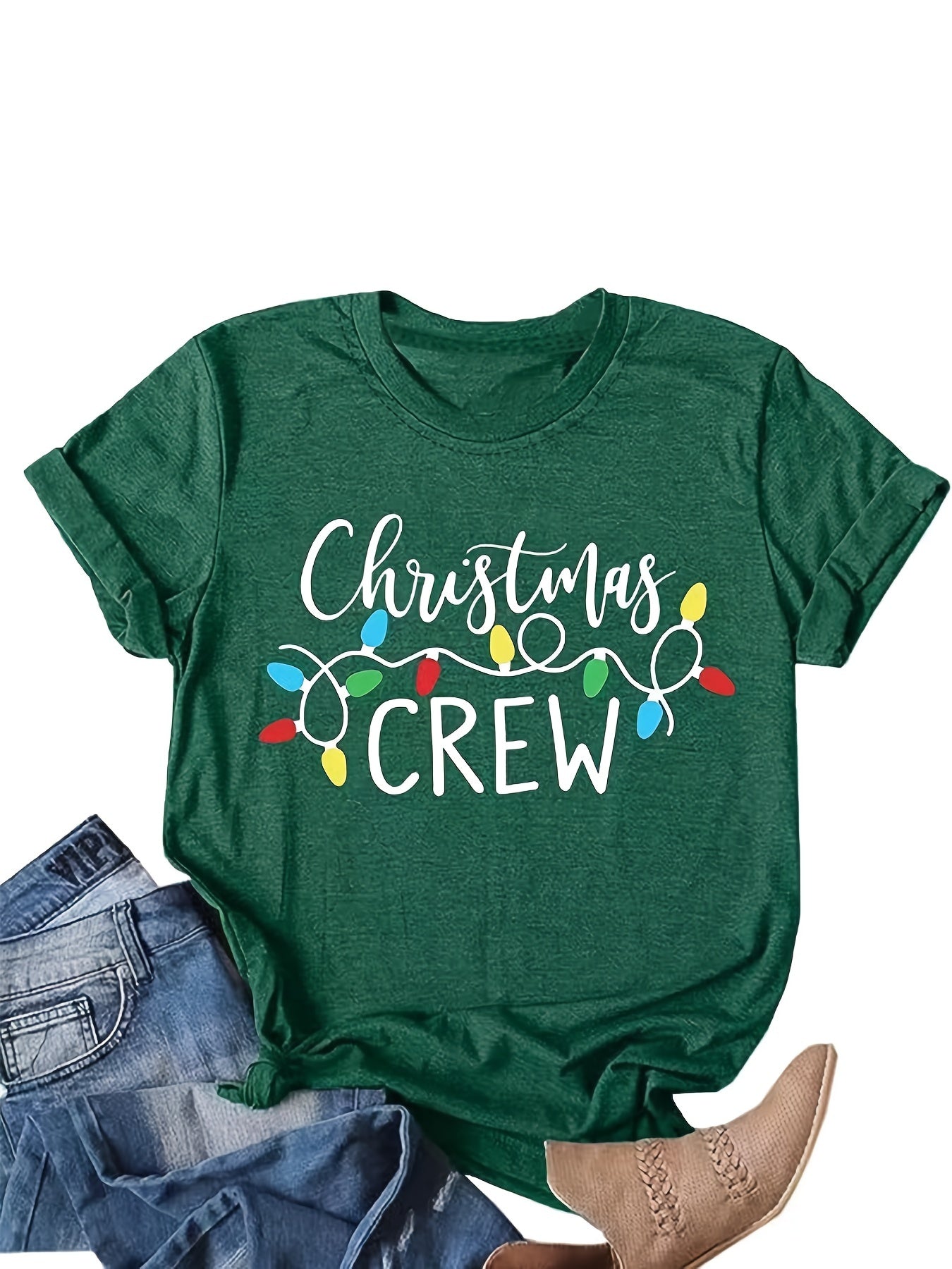 Christmas Lights & Letter Print Tee, Casual Short Sleeve Crew Neck T-shirt, Women's Clothing