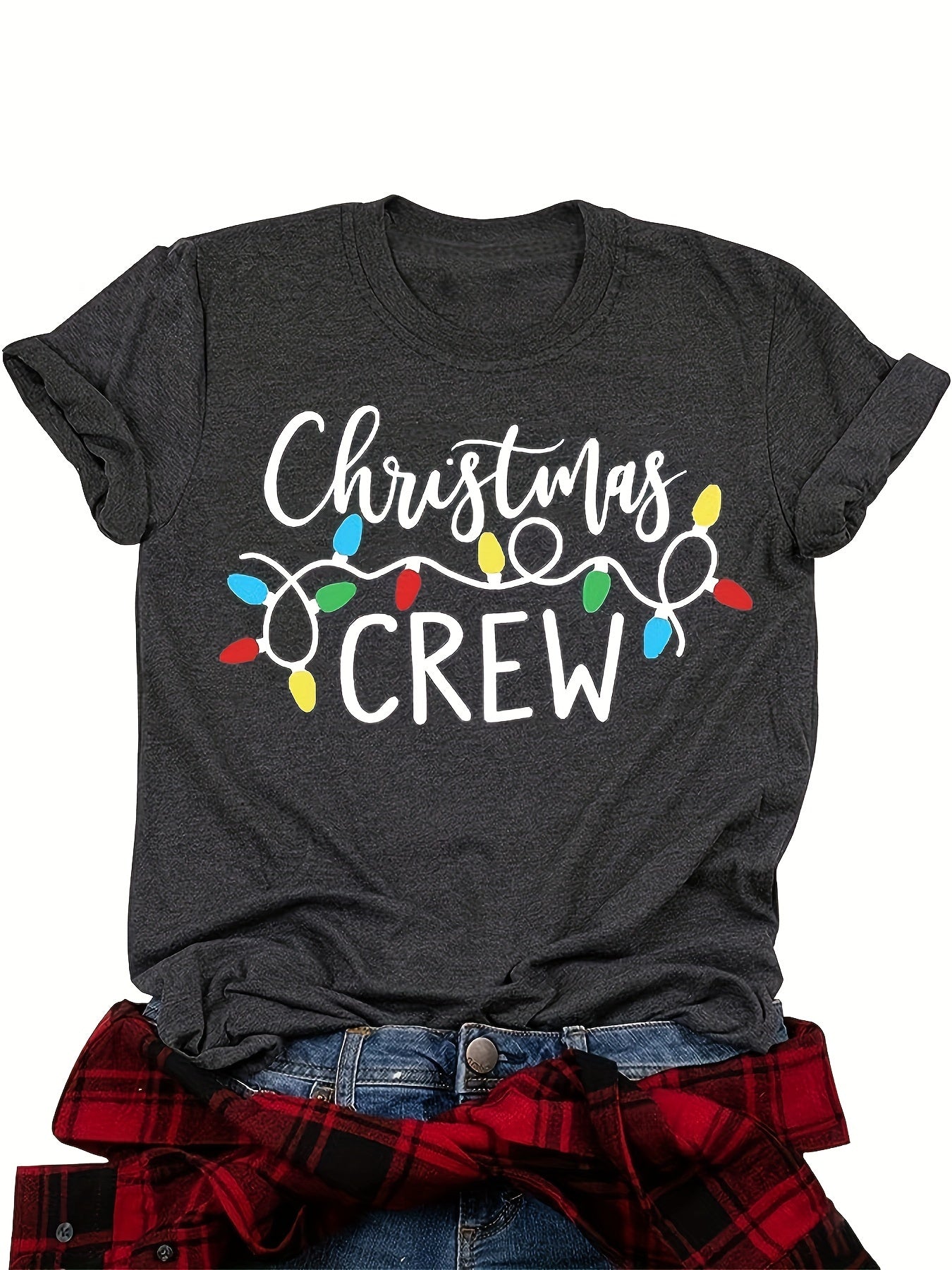 Christmas Lights & Letter Print Tee, Casual Short Sleeve Crew Neck T-shirt, Women's Clothing