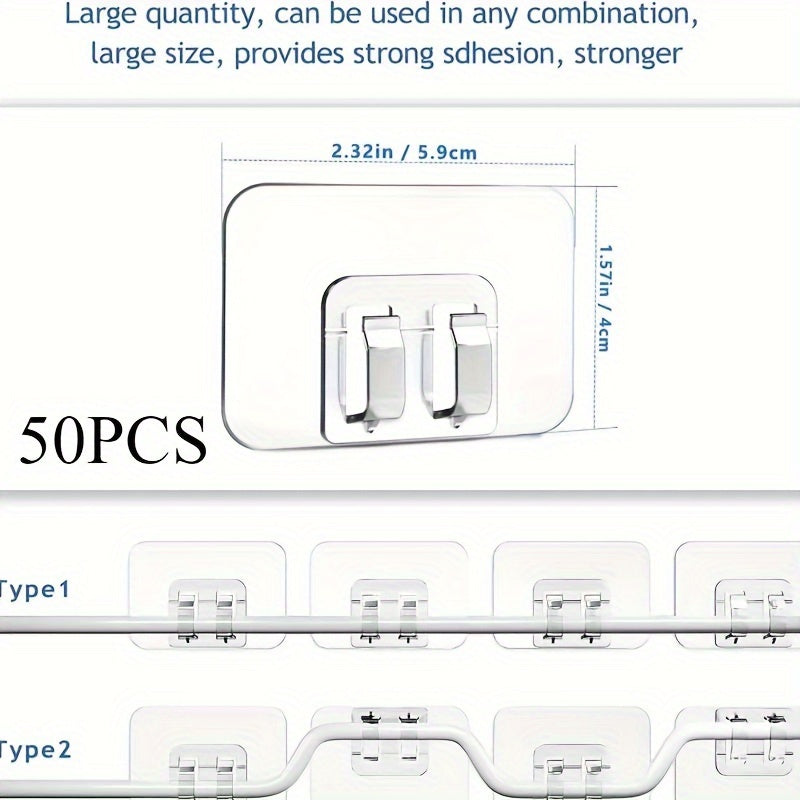 50pcs Weatherproof Transparent Hooks Set - Outdoor Hanging Brackets for String Lights, Durable UV-Resistant Clear Self-Adhesive Clips, Perfect for Hanging Christmas Lights, Cord Management and Rope Organization