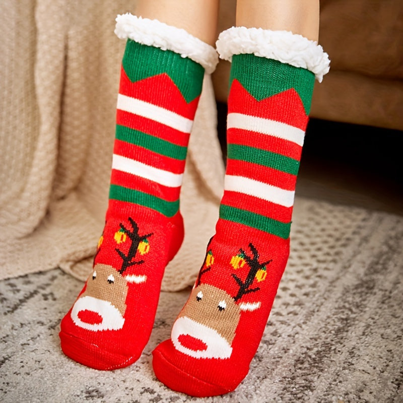 2pcs Cozy Fleece Christmas Socks for Women - Mid-Calf, Reindeer & Santa Hat Designs, Thick Winter Warmth, Perfect Holiday Gift