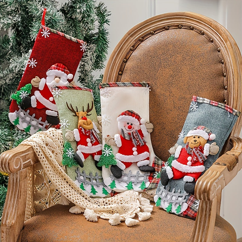 4pcs/ set 12 Inch Christmas Socks Classic Medium Socks Santa, Snowman, Reindeer Christmas Figures, For Family Holiday Christmas Party Decoration, Holiday Decoration, Home Decoration, Corridor Decoration, Office Decoration, Ya